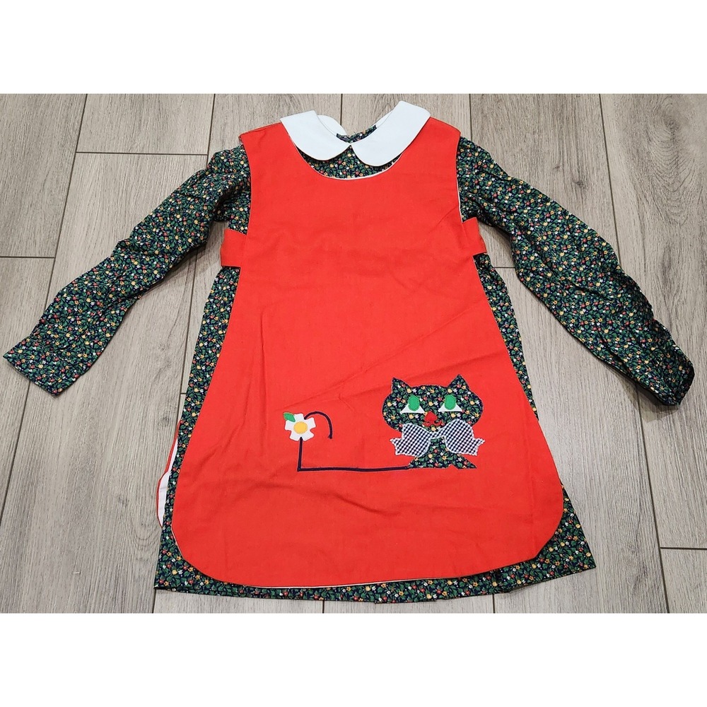 Vintage Chocolate‎ Soup Floral Girls Dress Pinafore Cat Applique Size 8